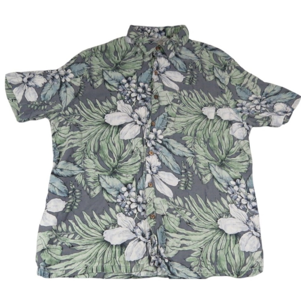 Vintage Silk Button Up Shirt‎ Men XL Green Floral Short Sleeve Tropical Vacation